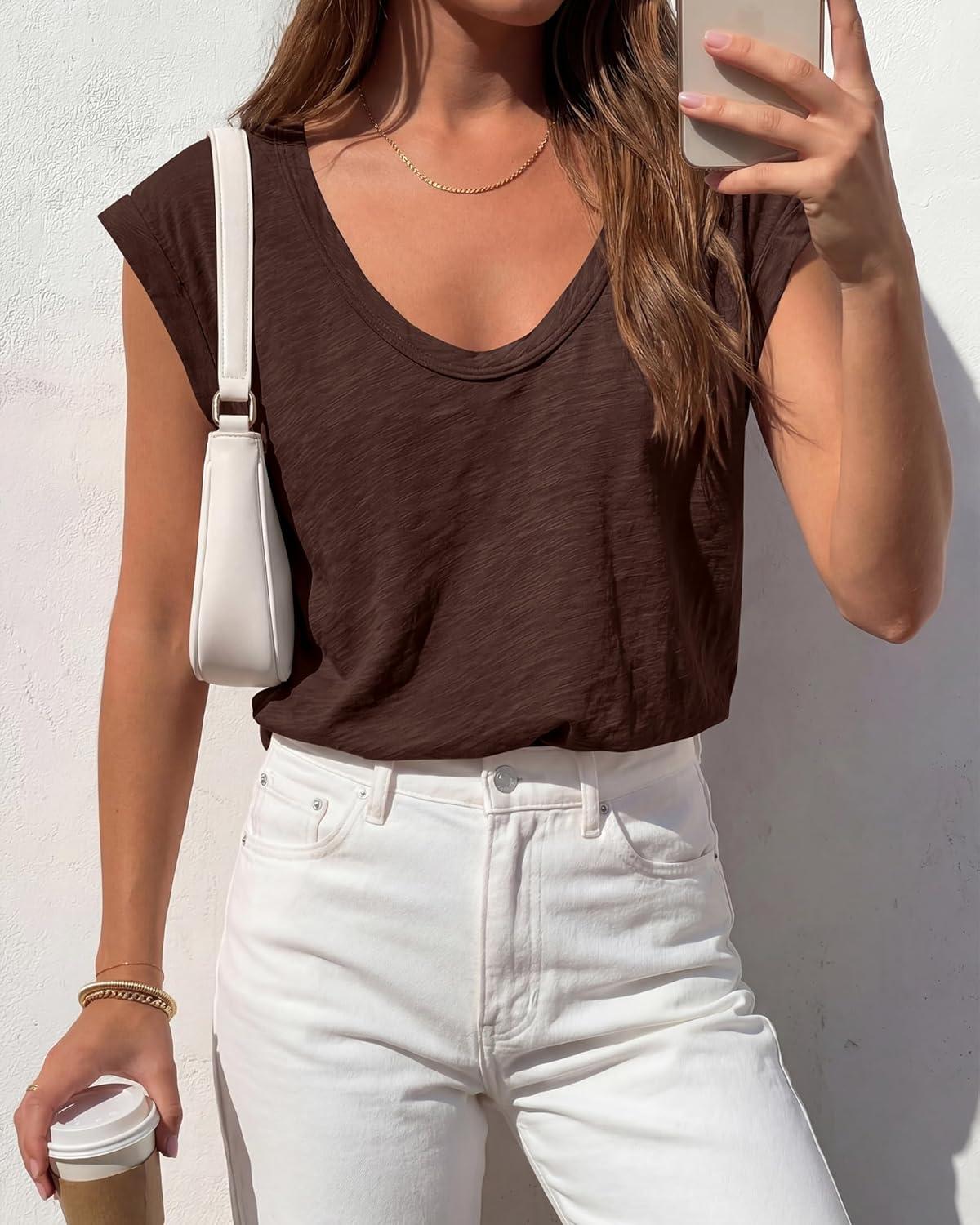 imageBTFBM Womens Tops Going Out Casual Cap Sleeve Summer Basic Tees 2026 V Neck T Shirts Trendy BlouseCoffee