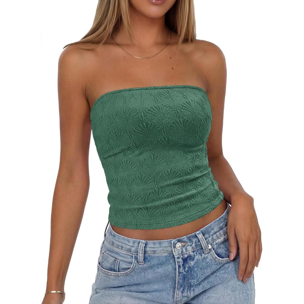 imageBTFBM Tube Tops for Women Floral Embroidery Summer Crop Top 2026 Strapless Going Out Y2K Beach Vacation Spring ClothesGreen