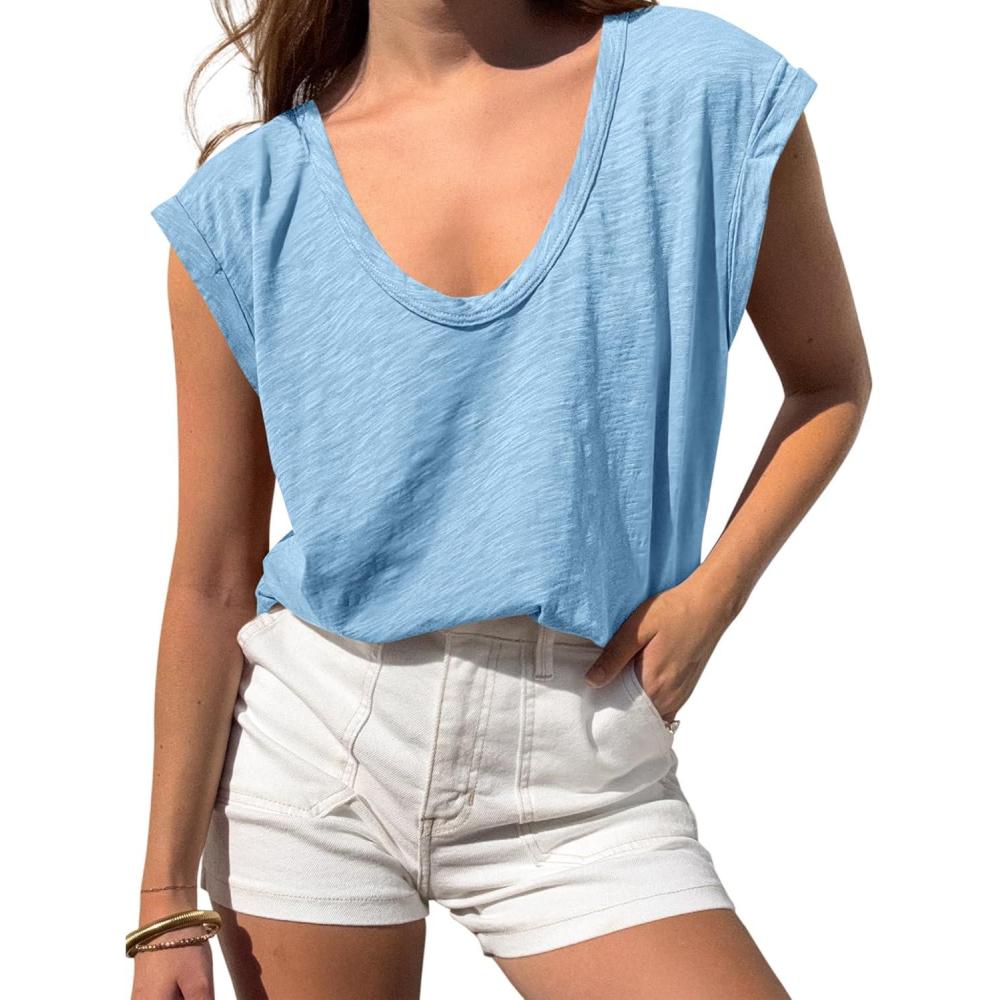 imageBTFBM Womens Tops Going Out Casual Cap Sleeve Summer Basic Tees 2026 V Neck T Shirts Trendy BlouseLight Blue