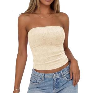 BTFBM Tube Tops for Women Floral Embroidery Summer Crop Top 2026 Strapless Going Out Y2K Beach Vacation Spring Clothes(Apricot)