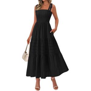 BTFBM Women’s 2026 Spring Boho Spaghetti Strap Dress Casual Sleeveless Smocked A Line Beach Sundress Long Maxi Dresses(Black)