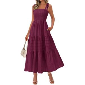 BTFBM Women’s 2026 Spring Boho Spaghetti Strap Dress Casual Sleeveless Smocked A Line Beach Sundress Long Maxi Dresses(Burgundy)