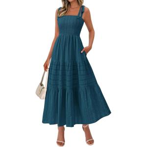 BTFBM Women’s 2026 Spring Boho Spaghetti Strap Dress Casual Sleeveless Smocked A Line Beach Sundress Long Maxi Dresses(Lake Blue)