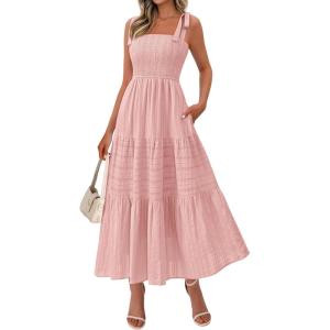 BTFBM Women’s 2026 Spring Boho Spaghetti Strap Dress Casual Sleeveless Smocked A Line Beach Sundress Long Maxi Dresses(Pink)