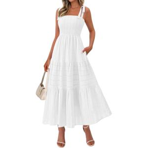 BTFBM Women’s 2026 Spring Boho Spaghetti Strap Dress Casual Sleeveless Smocked A Line Beach Sundress Long Maxi Dresses(White)