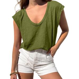 BTFBM Womens Tops Going Out Casual Cap Sleeve Summer Basic Tees 2026 V Neck T Shirts Trendy Blouse(Army Green)