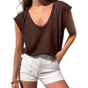 BTFBM Womens Tops Going Out Casual Cap Sleeve Summer Basic Tees 2026 V Neck T Shirts Trendy Blouse(Coffee)