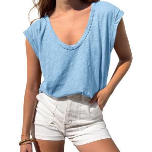 BTFBM Womens Tops Going Out Casual Cap Sleeve Summer Basic Tees 2026 V Neck T Shirts Trendy Blouse(Light Blue)