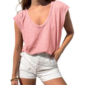 BTFBM Womens Tops Going Out Casual Cap Sleeve Summer Basic Tees 2026 V Neck T Shirts Trendy Blouse(Pink)