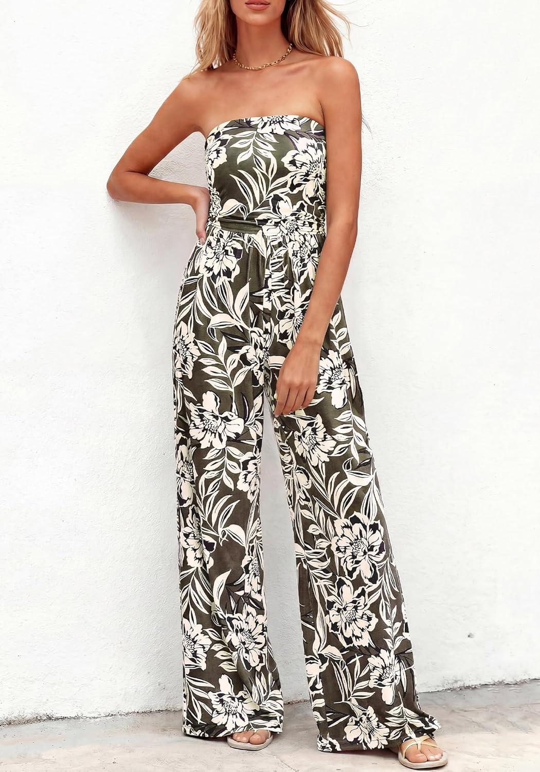 imageBTFBM Jumpsuits For Women Casual 2026 Floral Strapless Jumpsuit Wide Leg Rompers Beach Vacation Clothes Summer OutfitsFloral Army Green Beige