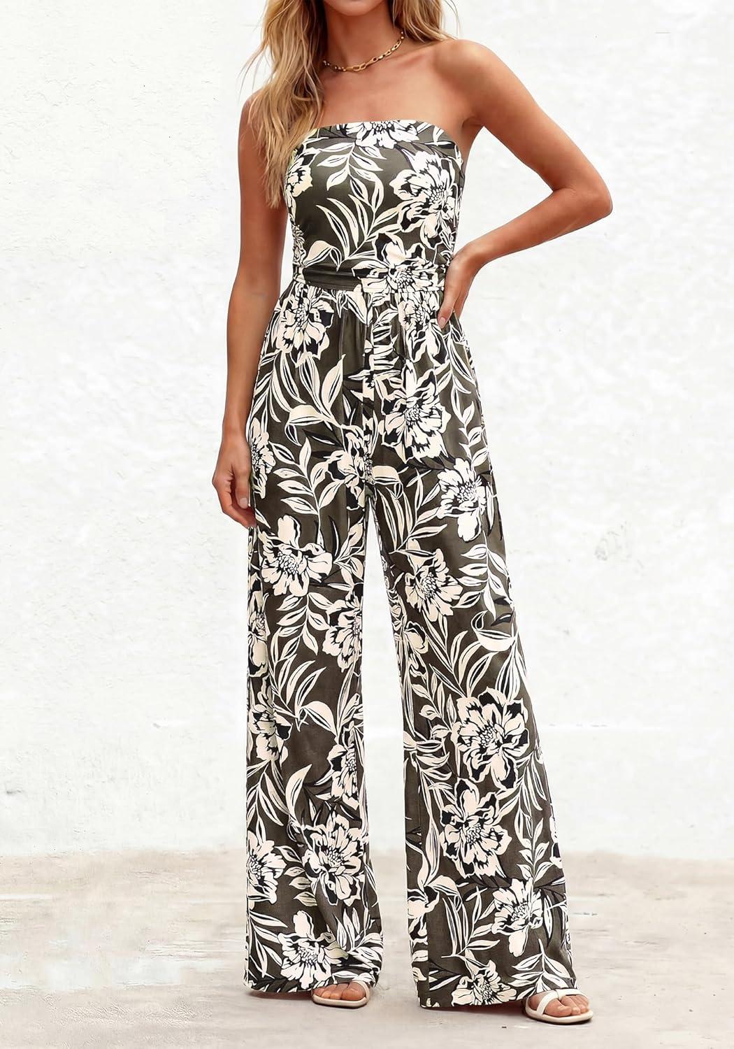 imageBTFBM Jumpsuits For Women Casual 2026 Floral Strapless Jumpsuit Wide Leg Rompers Beach Vacation Clothes Summer OutfitsFloral Army Green Beige