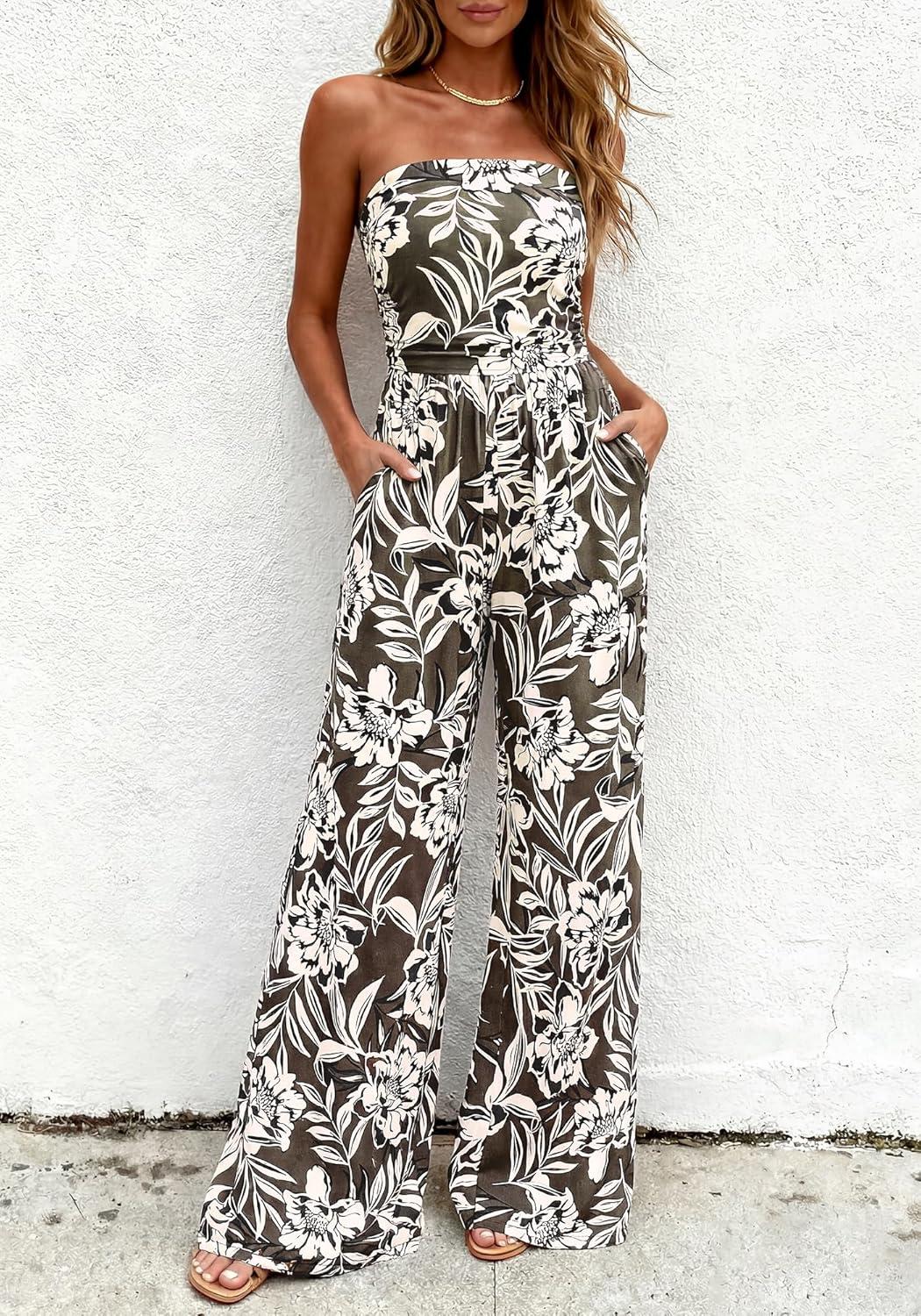 imageBTFBM Jumpsuits For Women Casual 2026 Floral Strapless Jumpsuit Wide Leg Rompers Beach Vacation Clothes Summer OutfitsFloral Army Green Beige