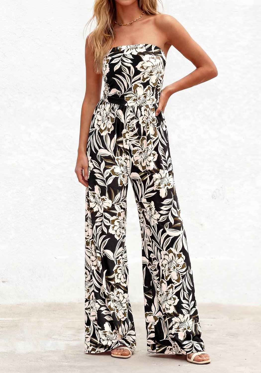 imageBTFBM Jumpsuits For Women Casual 2026 Floral Strapless Jumpsuit Wide Leg Rompers Beach Vacation Clothes Summer OutfitsFloral Black Beige