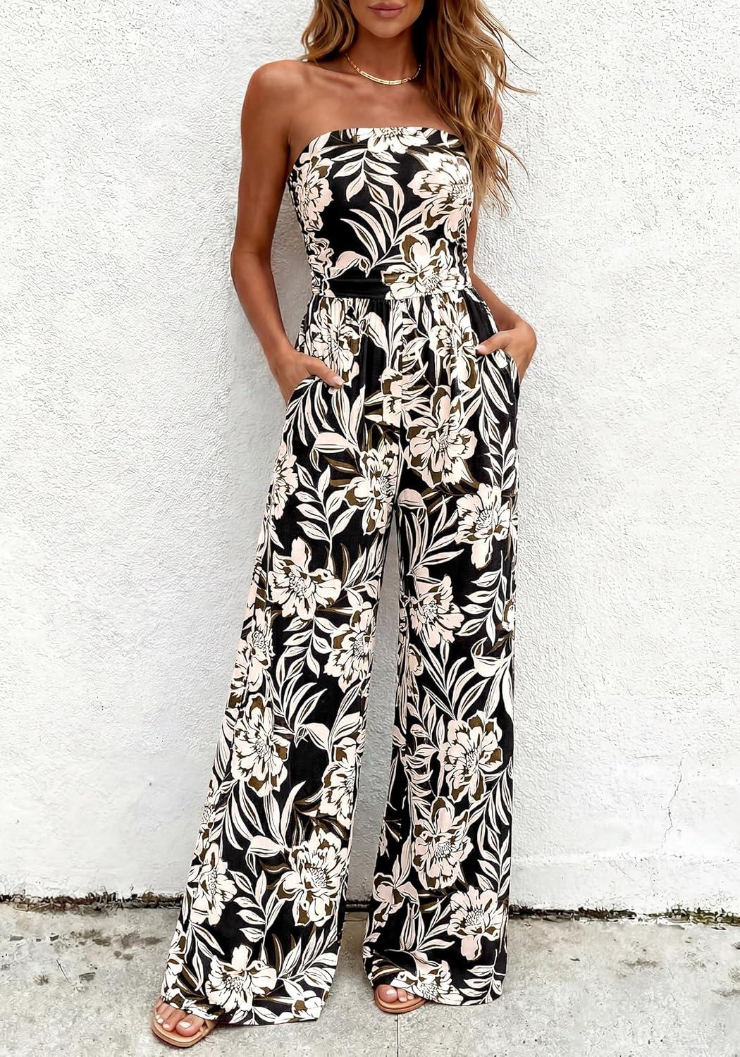 imageBTFBM Jumpsuits For Women Casual 2026 Floral Strapless Jumpsuit Wide Leg Rompers Beach Vacation Clothes Summer OutfitsFloral Black Beige