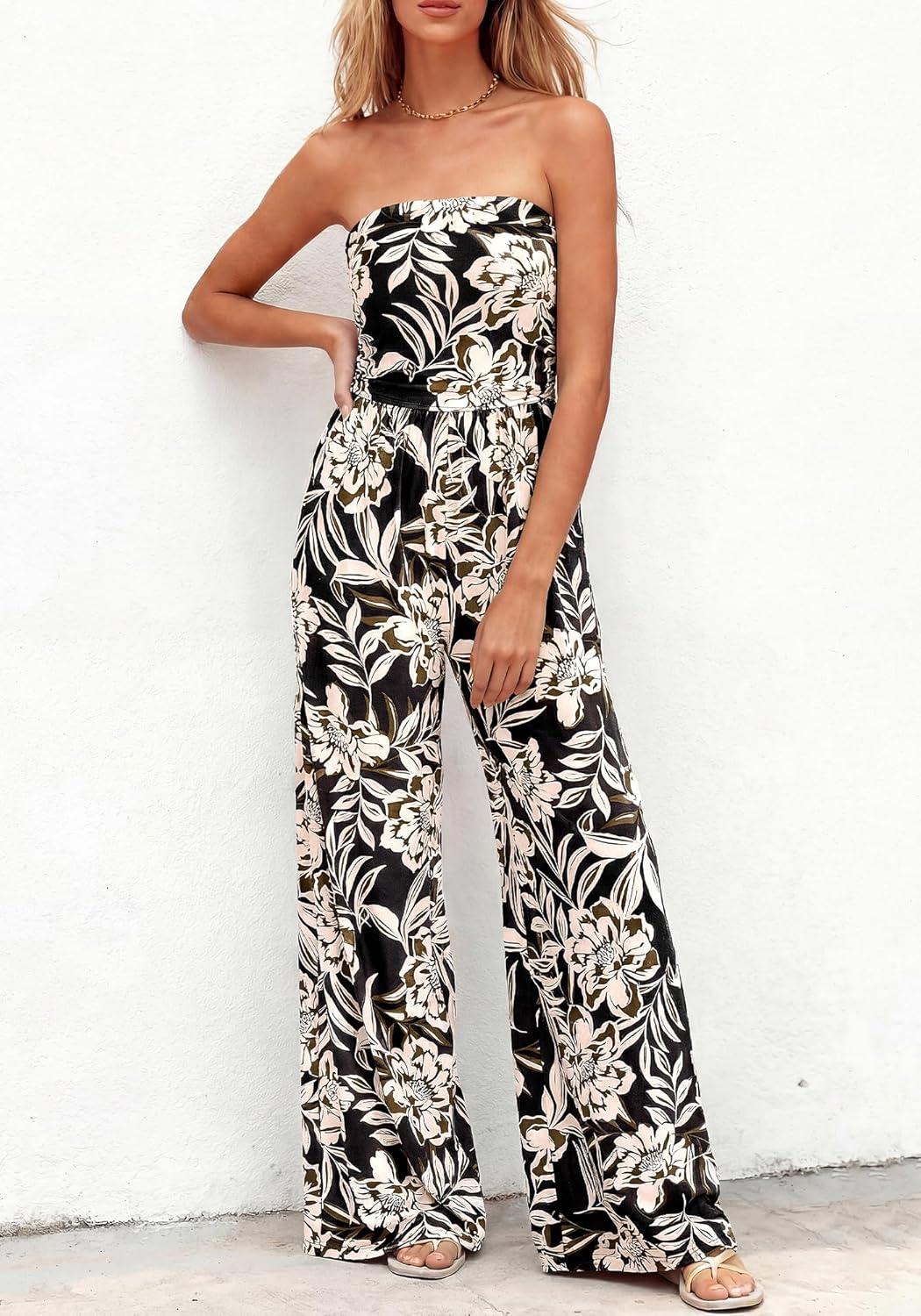 imageBTFBM Jumpsuits For Women Casual 2026 Floral Strapless Jumpsuit Wide Leg Rompers Beach Vacation Clothes Summer OutfitsFloral Black Beige