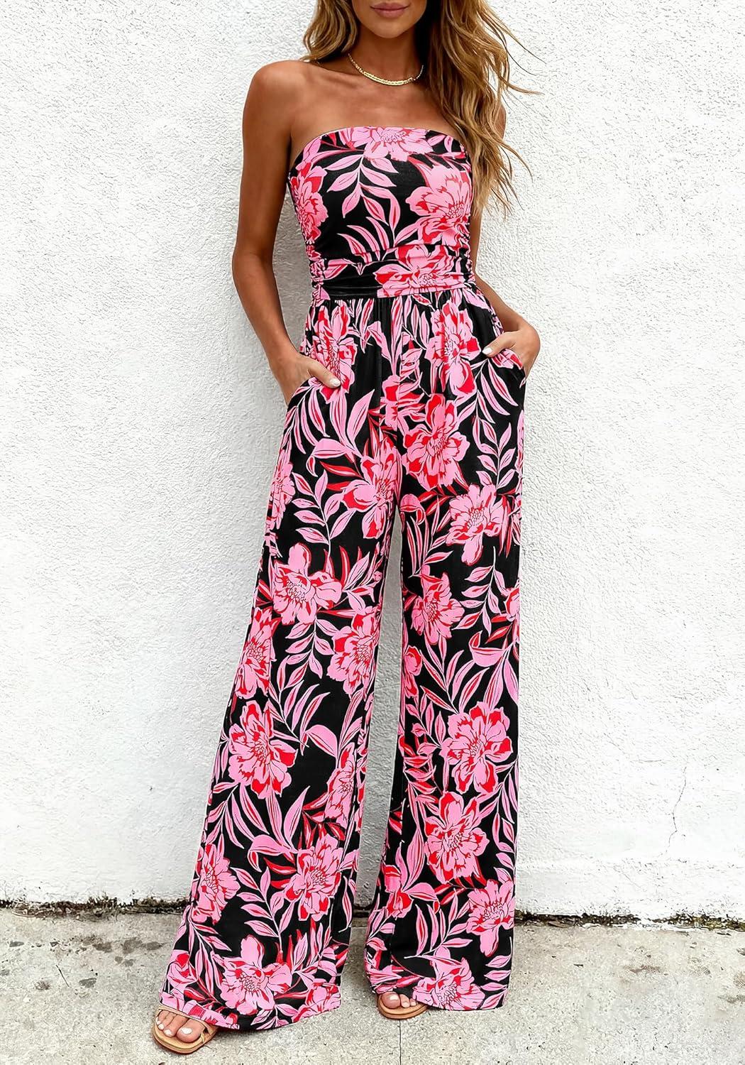 imageBTFBM Jumpsuits For Women Casual 2026 Floral Strapless Jumpsuit Wide Leg Rompers Beach Vacation Clothes Summer OutfitsFloral Black Pink