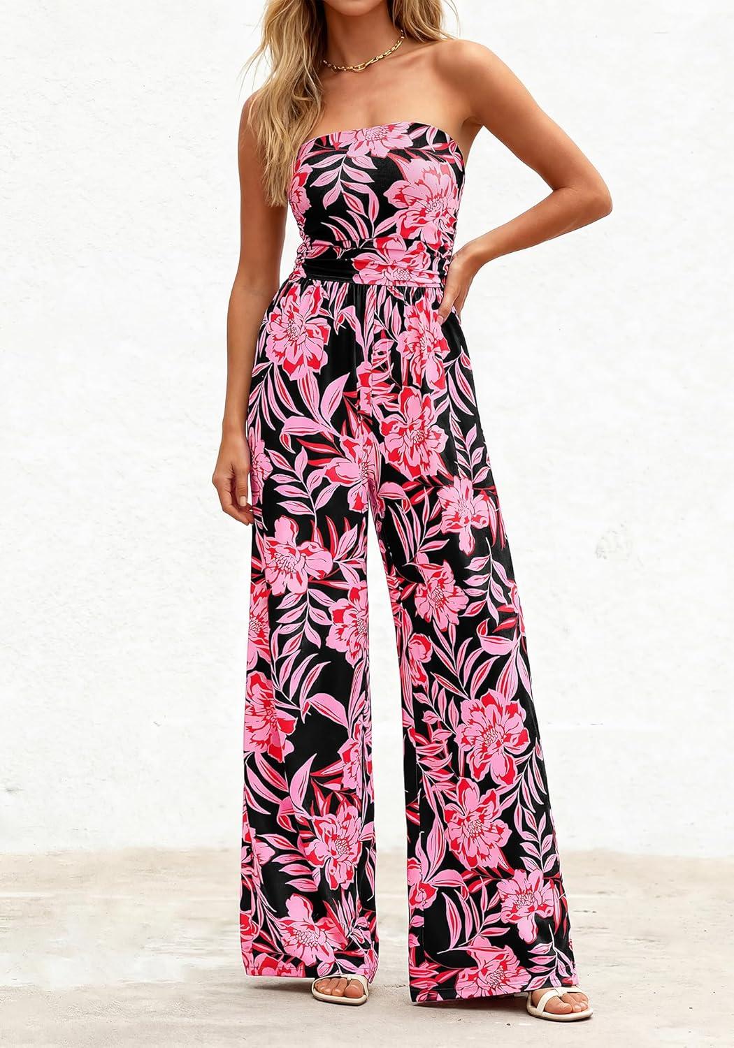 imageBTFBM Jumpsuits For Women Casual 2026 Floral Strapless Jumpsuit Wide Leg Rompers Beach Vacation Clothes Summer OutfitsFloral Black Pink