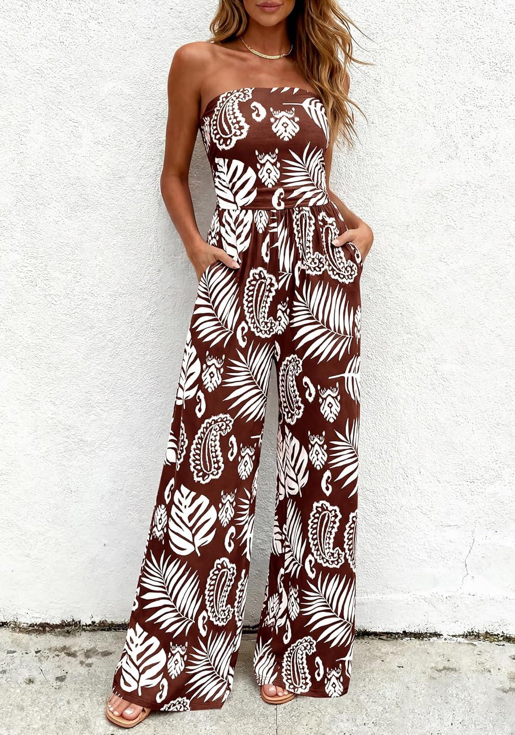 imageBTFBM Jumpsuits For Women Casual 2026 Floral Strapless Jumpsuit Wide Leg Rompers Beach Vacation Clothes Summer OutfitsFloral Brown White