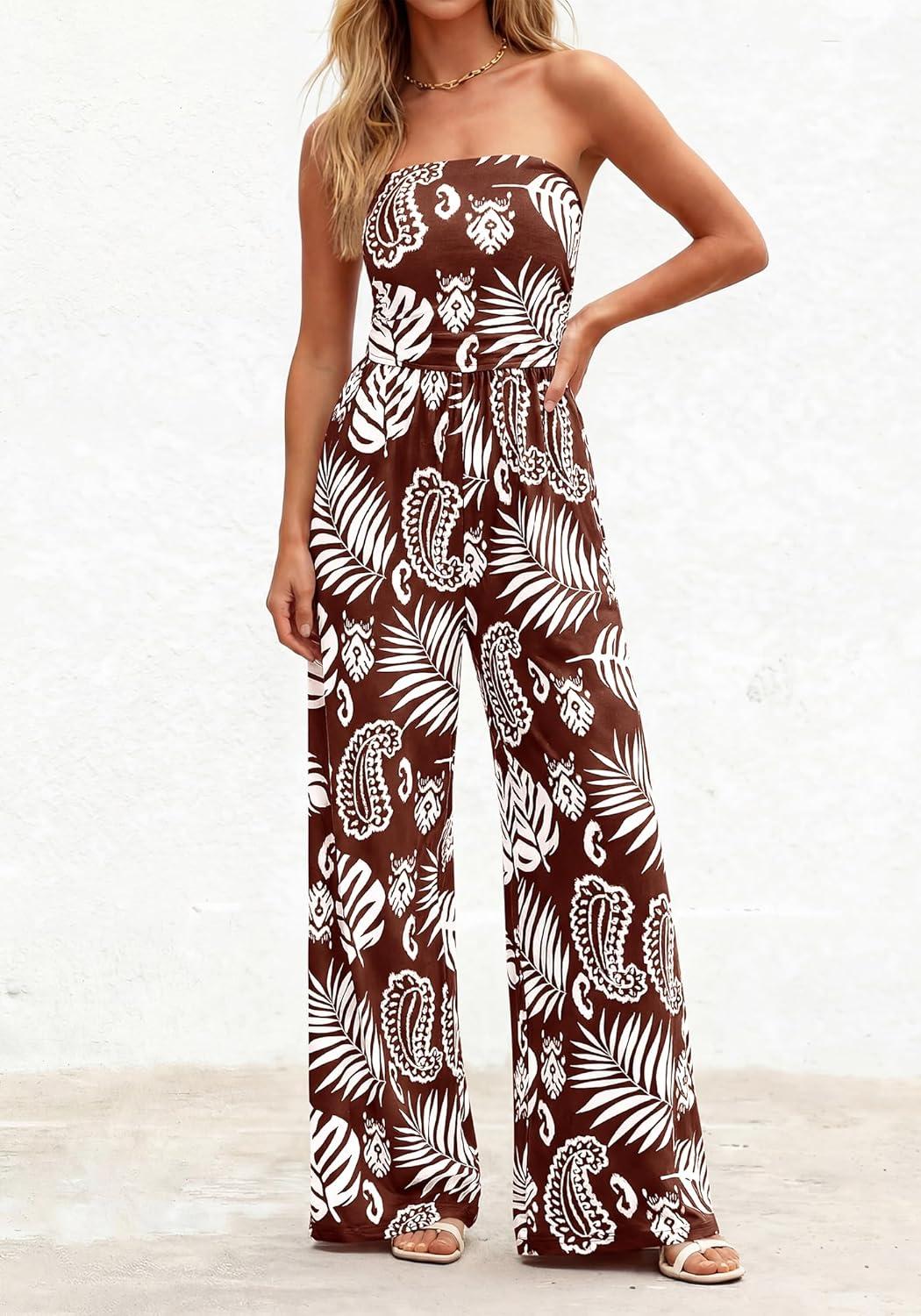 imageBTFBM Jumpsuits For Women Casual 2026 Floral Strapless Jumpsuit Wide Leg Rompers Beach Vacation Clothes Summer OutfitsFloral Brown White