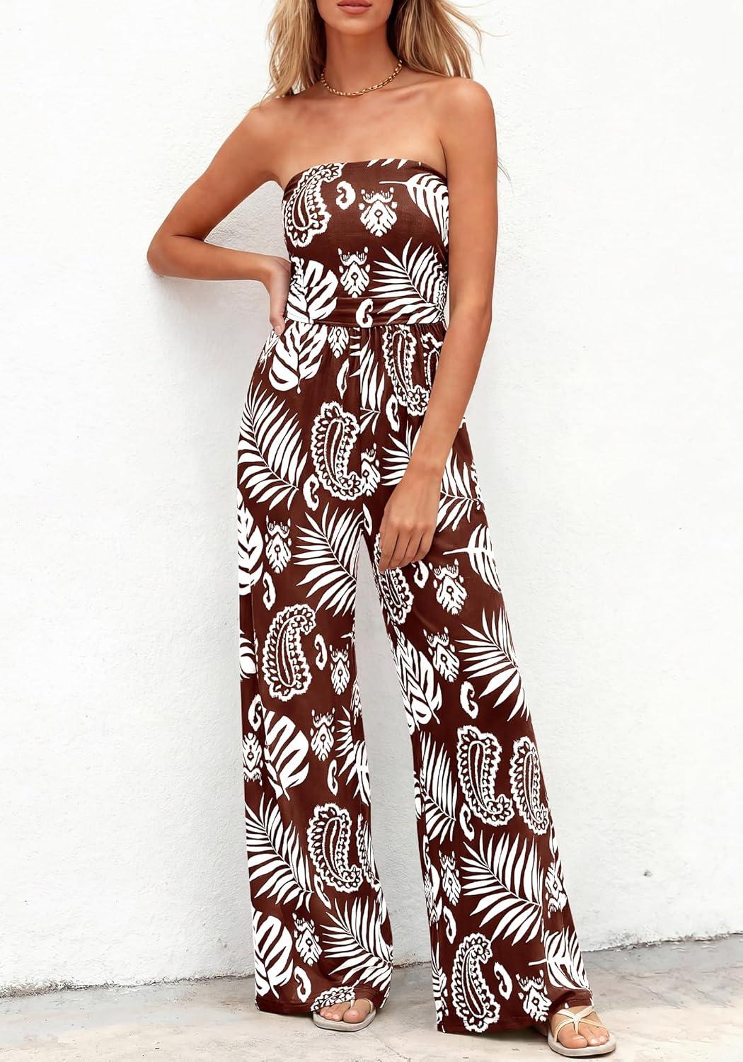 imageBTFBM Jumpsuits For Women Casual 2026 Floral Strapless Jumpsuit Wide Leg Rompers Beach Vacation Clothes Summer OutfitsFloral Brown White