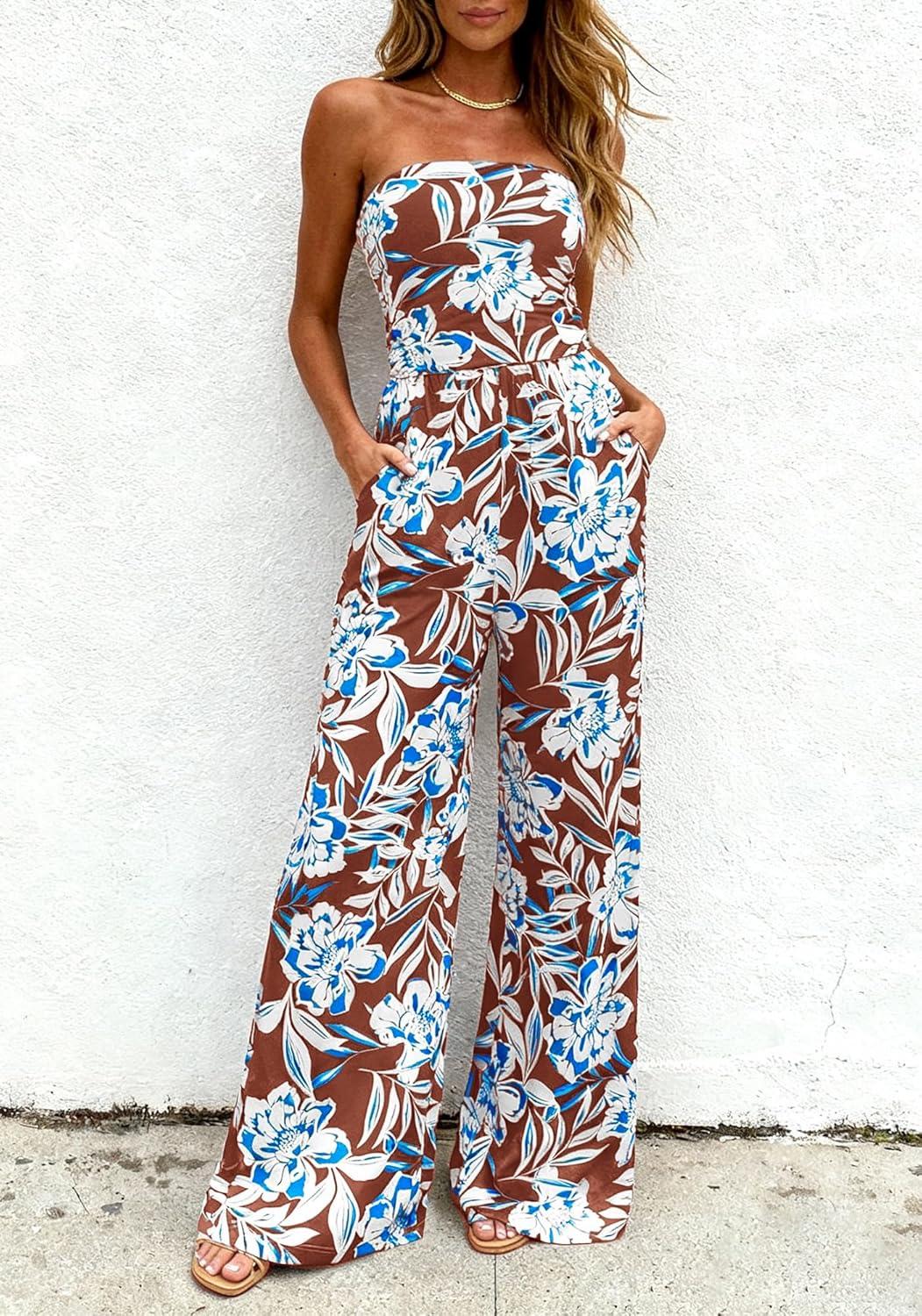 imageBTFBM Jumpsuits For Women Casual 2026 Floral Strapless Jumpsuit Wide Leg Rompers Beach Vacation Clothes Summer OutfitsFloral Brown White Blue