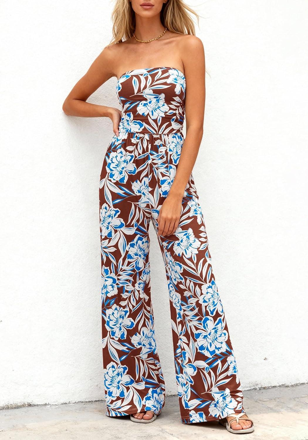 imageBTFBM Jumpsuits For Women Casual 2026 Floral Strapless Jumpsuit Wide Leg Rompers Beach Vacation Clothes Summer OutfitsFloral Brown White Blue