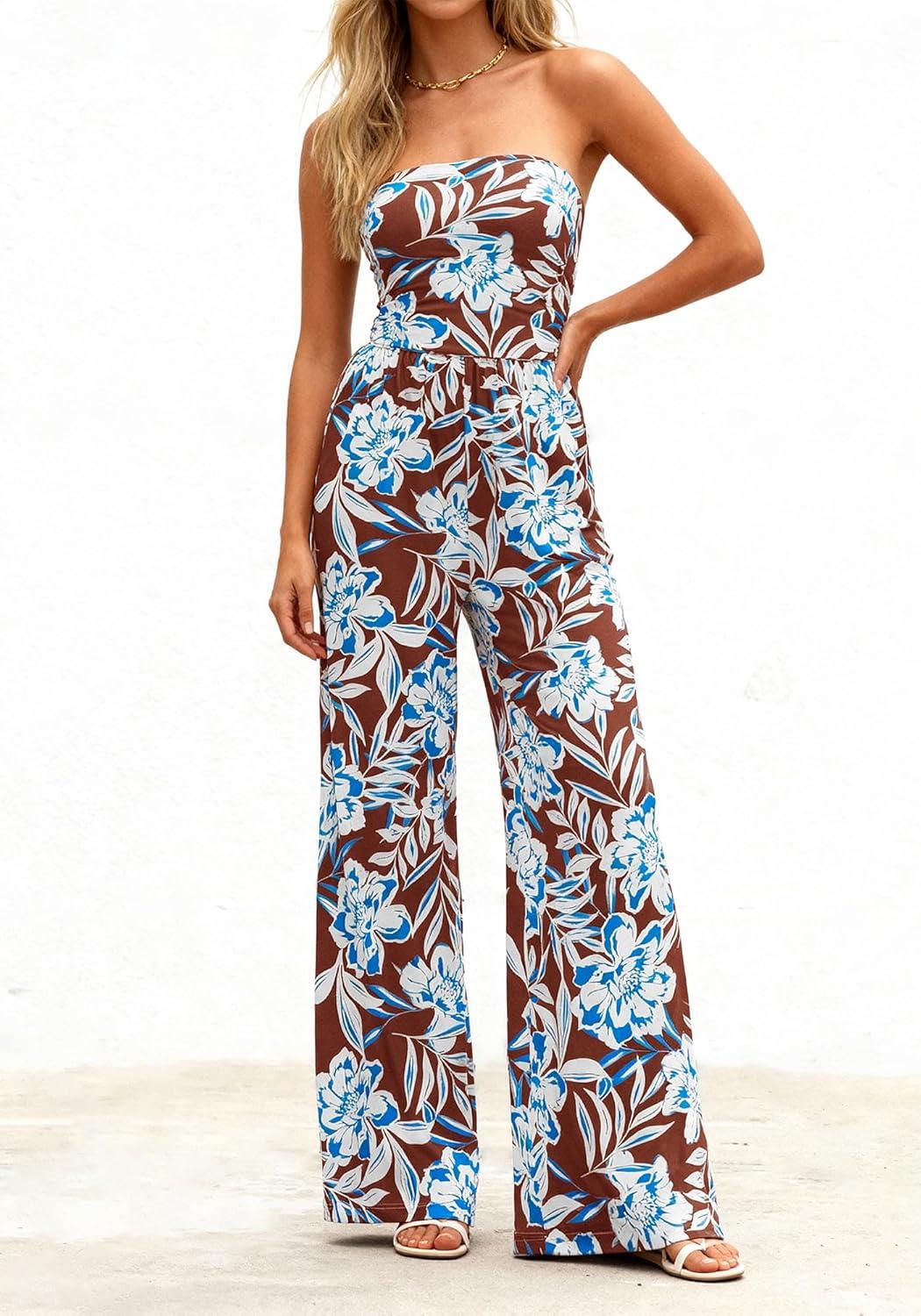 imageBTFBM Jumpsuits For Women Casual 2026 Floral Strapless Jumpsuit Wide Leg Rompers Beach Vacation Clothes Summer OutfitsFloral Brown White Blue