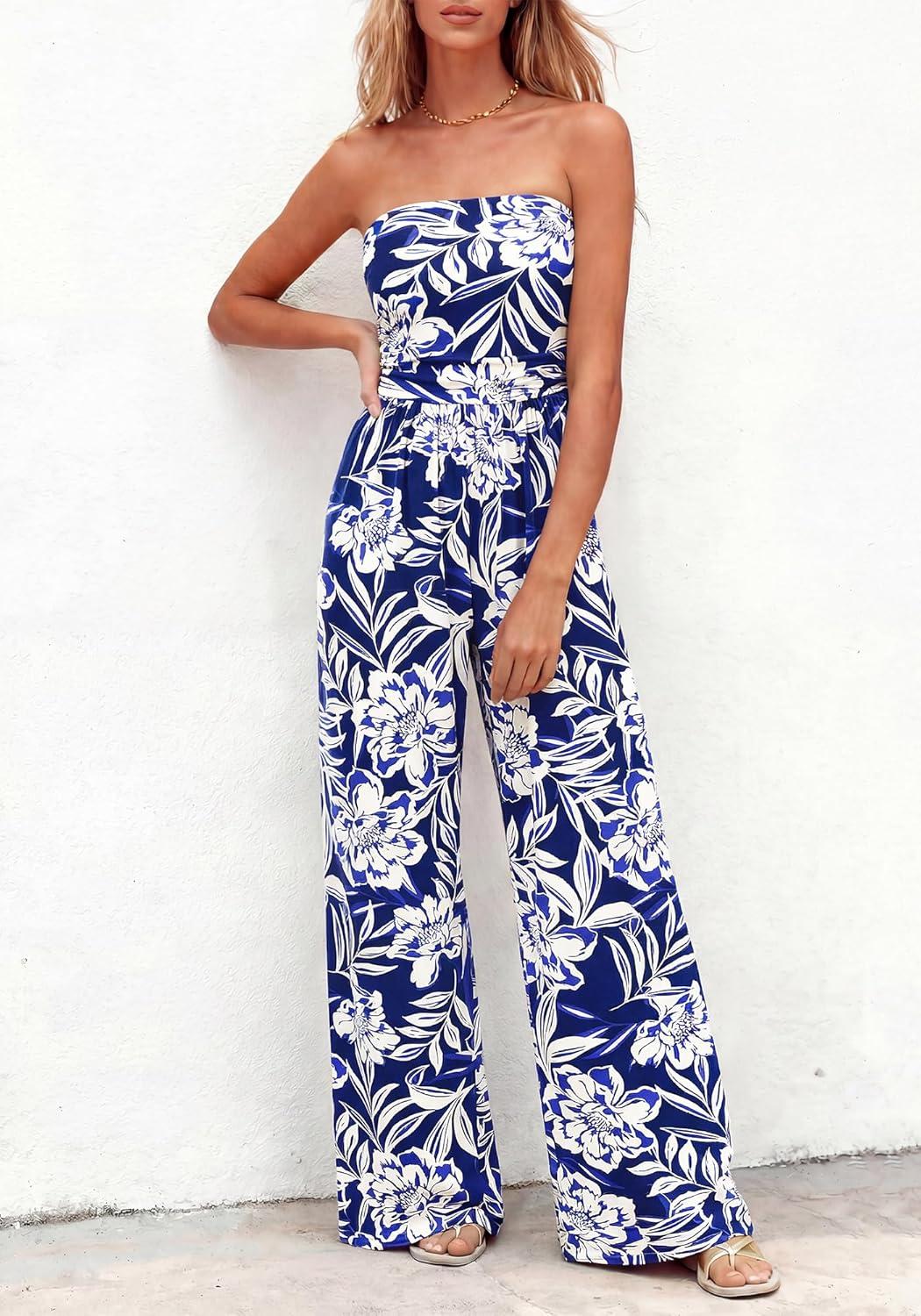 imageBTFBM Jumpsuits For Women Casual 2026 Floral Strapless Jumpsuit Wide Leg Rompers Beach Vacation Clothes Summer OutfitsFloral Dark Blue White