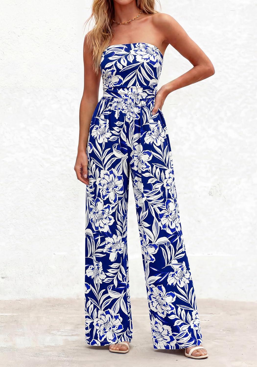 imageBTFBM Jumpsuits For Women Casual 2026 Floral Strapless Jumpsuit Wide Leg Rompers Beach Vacation Clothes Summer OutfitsFloral Dark Blue White
