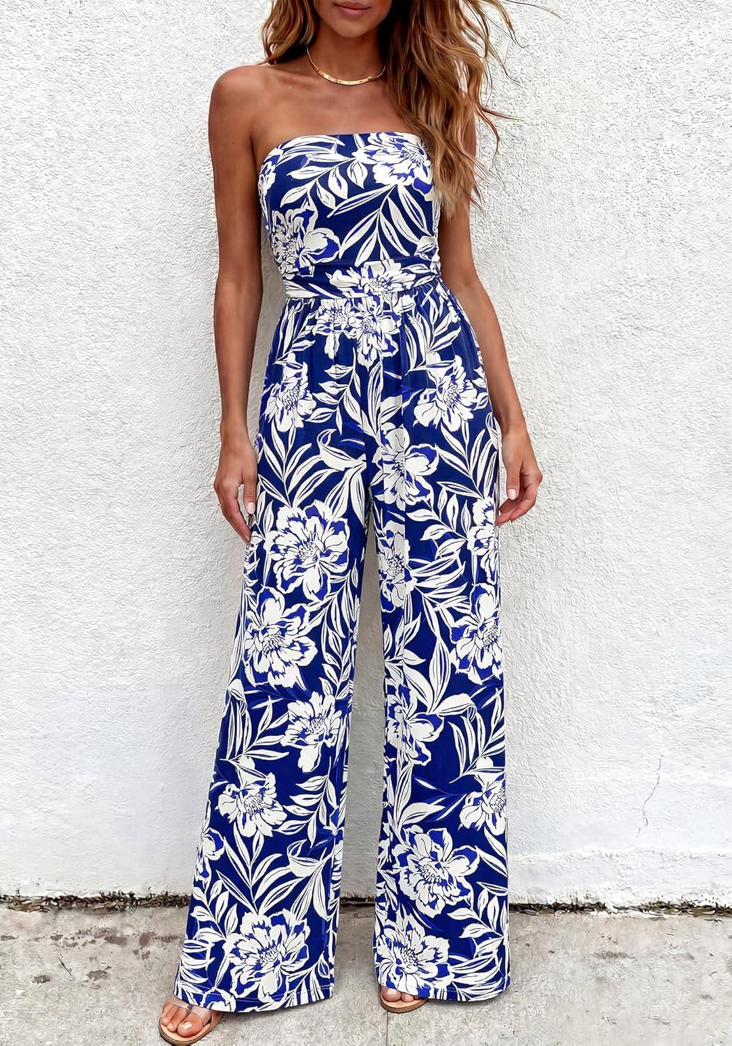 imageBTFBM Jumpsuits For Women Casual 2026 Floral Strapless Jumpsuit Wide Leg Rompers Beach Vacation Clothes Summer OutfitsFloral Dark Blue White