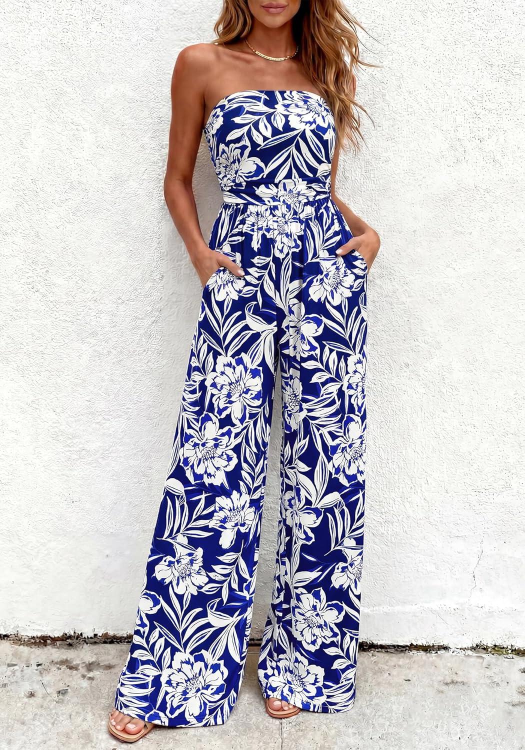 imageBTFBM Jumpsuits For Women Casual 2026 Floral Strapless Jumpsuit Wide Leg Rompers Beach Vacation Clothes Summer OutfitsFloral Dark Blue White