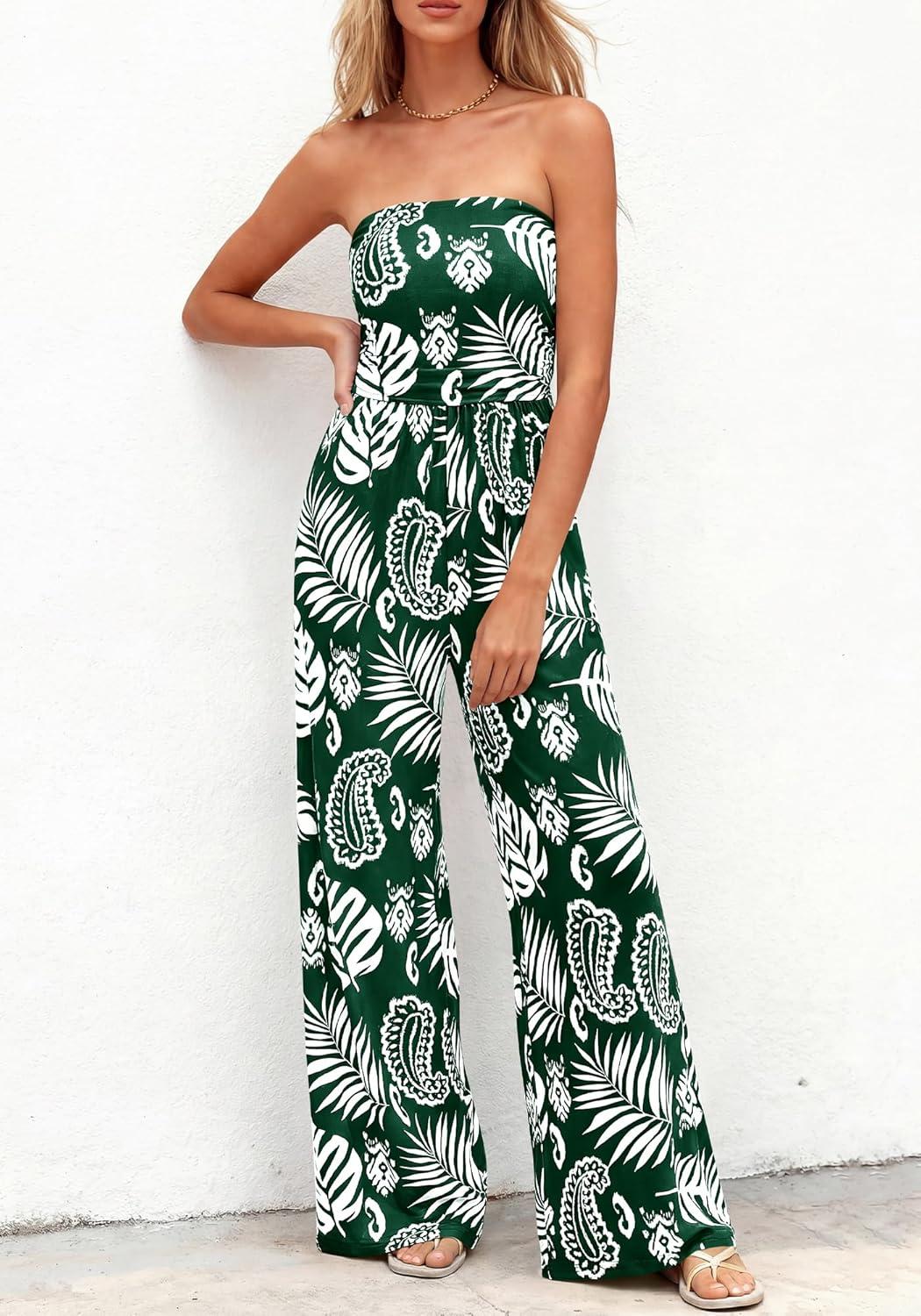 imageBTFBM Jumpsuits For Women Casual 2026 Floral Strapless Jumpsuit Wide Leg Rompers Beach Vacation Clothes Summer OutfitsFloral Dark Green White