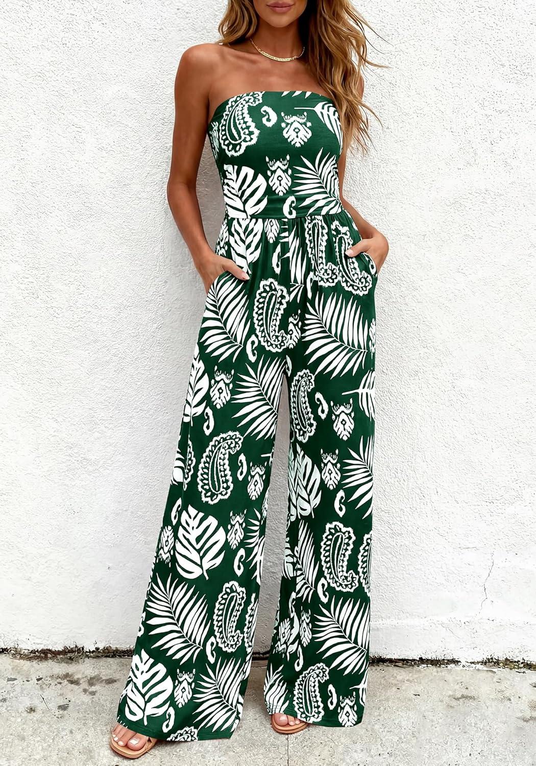 imageBTFBM Jumpsuits For Women Casual 2026 Floral Strapless Jumpsuit Wide Leg Rompers Beach Vacation Clothes Summer OutfitsFloral Dark Green White