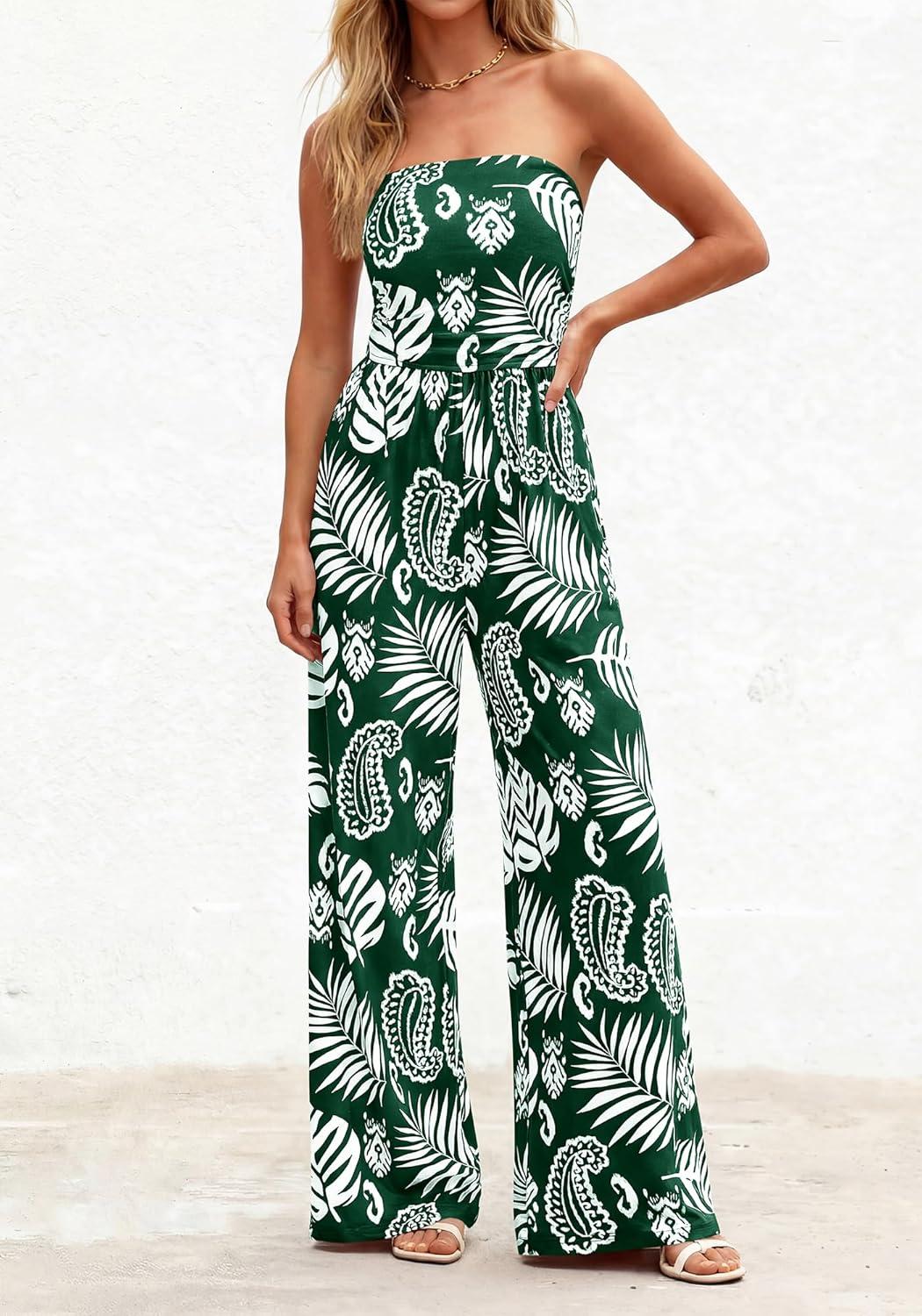 imageBTFBM Jumpsuits For Women Casual 2026 Floral Strapless Jumpsuit Wide Leg Rompers Beach Vacation Clothes Summer OutfitsFloral Dark Green White