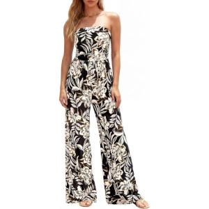 BTFBM Jumpsuits For Women Casual 2026 Floral Strapless Jumpsuit Wide Leg Rompers Beach Vacation Clothes Summer Outfits(Floral Black Beige)