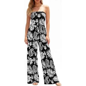 BTFBM Jumpsuits For Women Casual 2026 Floral Strapless Jumpsuit Wide Leg Rompers Beach Vacation Clothes Summer Outfits(Floral Black White)