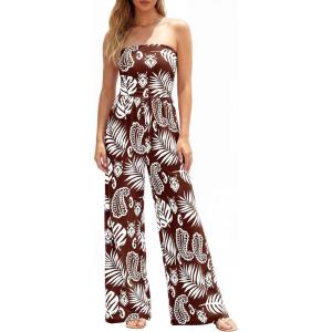 BTFBM Jumpsuits For Women Casual 2026 Floral Strapless Jumpsuit Wide Leg Rompers Beach Vacation Clothes Summer Outfits(Floral Brown White)