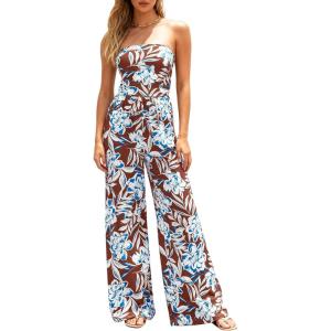 BTFBM Jumpsuits For Women Casual 2026 Floral Strapless Jumpsuit Wide Leg Rompers Beach Vacation Clothes Summer Outfits(Floral Brown White Blue)