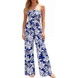 BTFBM Jumpsuits For Women Casual 2026 Floral Strapless Jumpsuit Wide Leg Rompers Beach Vacation Clothes Summer Outfits(Floral Dark Blue White)