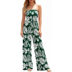 BTFBM Jumpsuits For Women Casual 2026 Floral Strapless Jumpsuit Wide Leg Rompers Beach Vacation Clothes Summer Outfits(Floral Dark Green White)