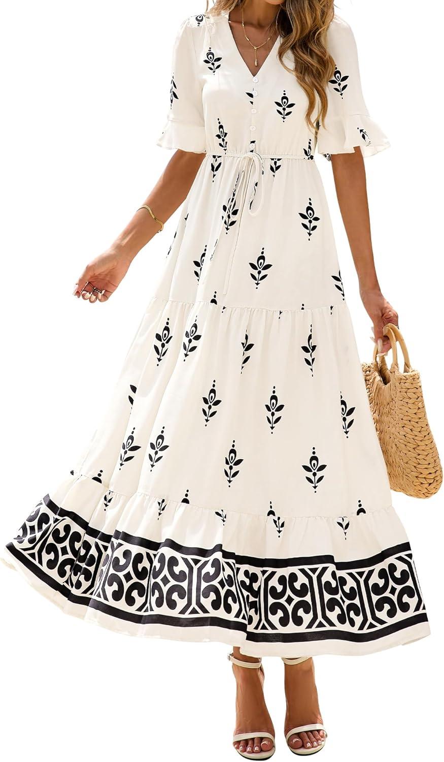 imageBTFBM Boho Dresses for Women 2026 Summer Spring Casual Floral Short Sleeve V Neck Flowy ALine Maxi Party Dress PocketsFloral Apricot Black
