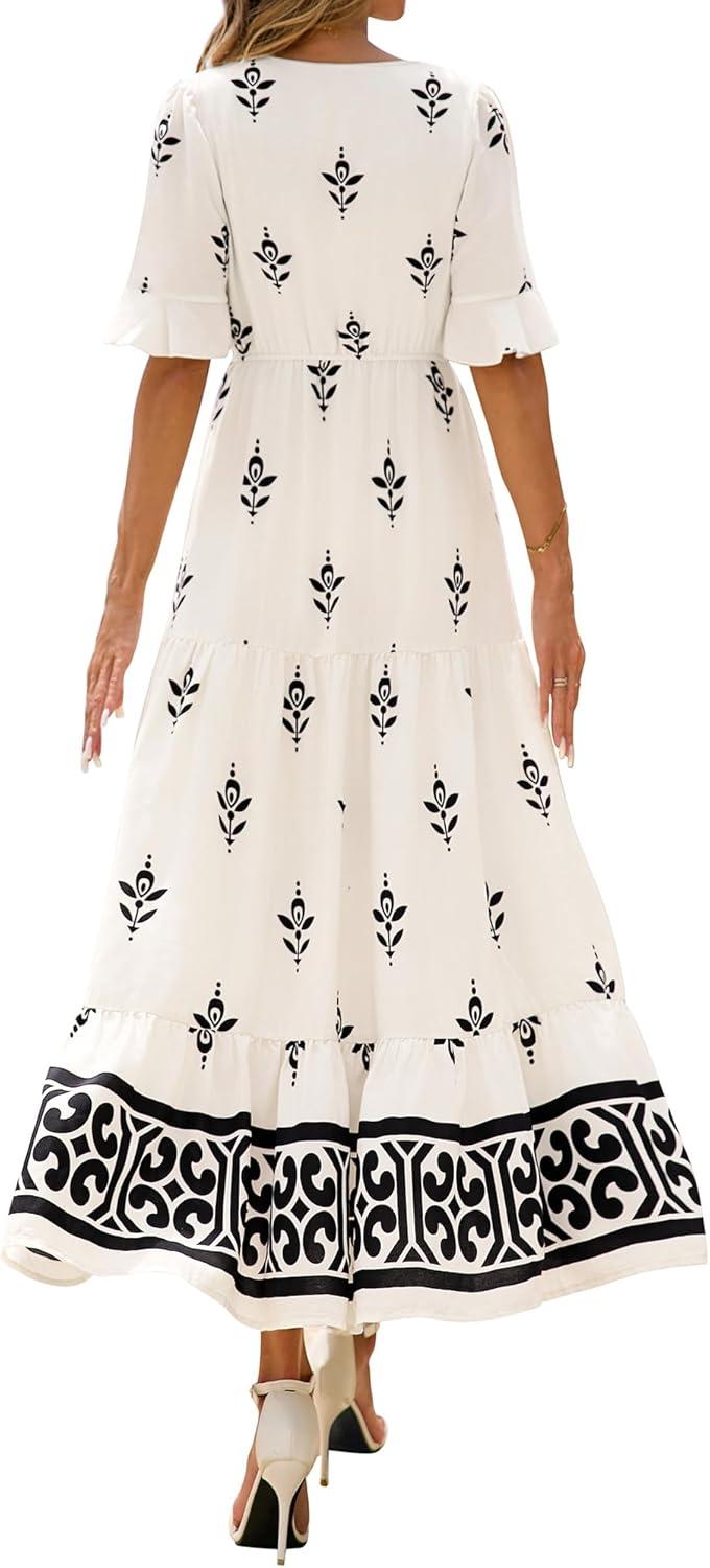 imageBTFBM Boho Dresses for Women 2026 Summer Spring Casual Floral Short Sleeve V Neck Flowy ALine Maxi Party Dress PocketsFloral Apricot Black