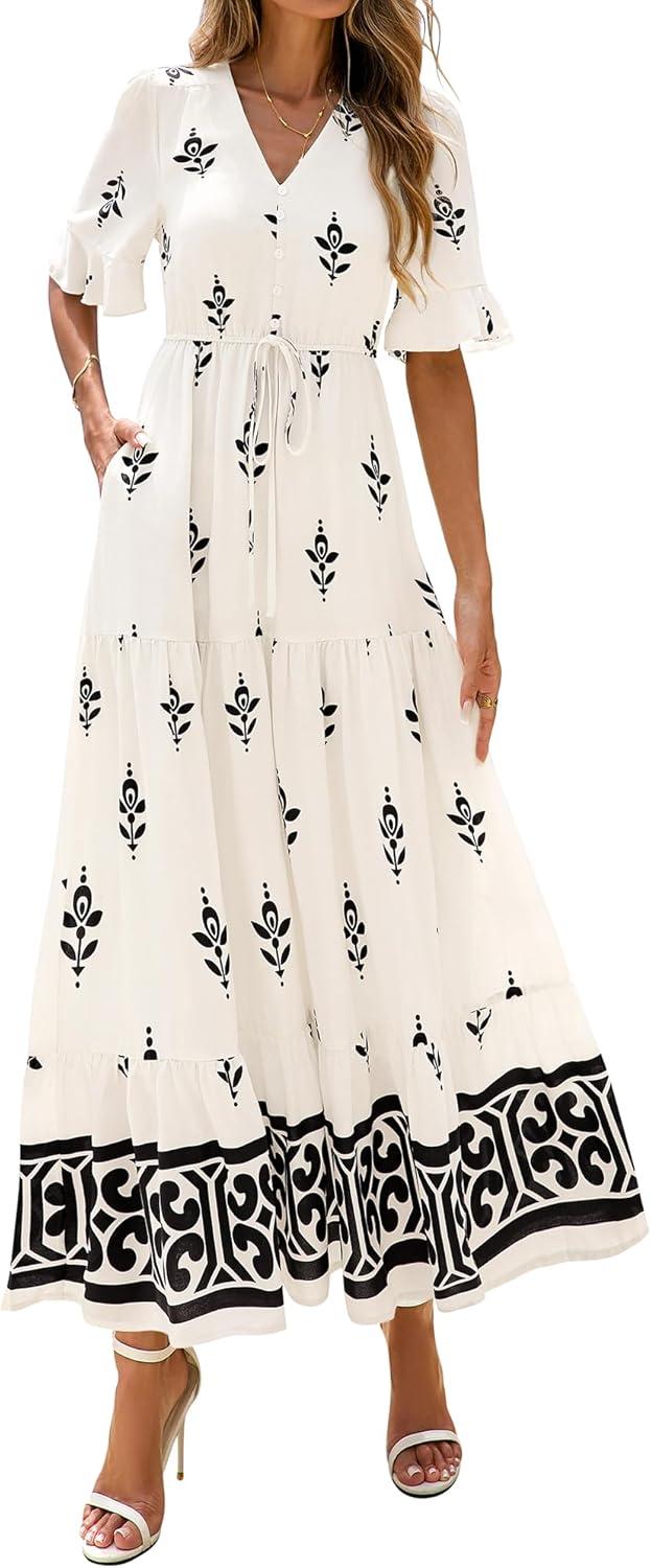 imageBTFBM Boho Dresses for Women 2026 Summer Spring Casual Floral Short Sleeve V Neck Flowy ALine Maxi Party Dress PocketsFloral Apricot Black