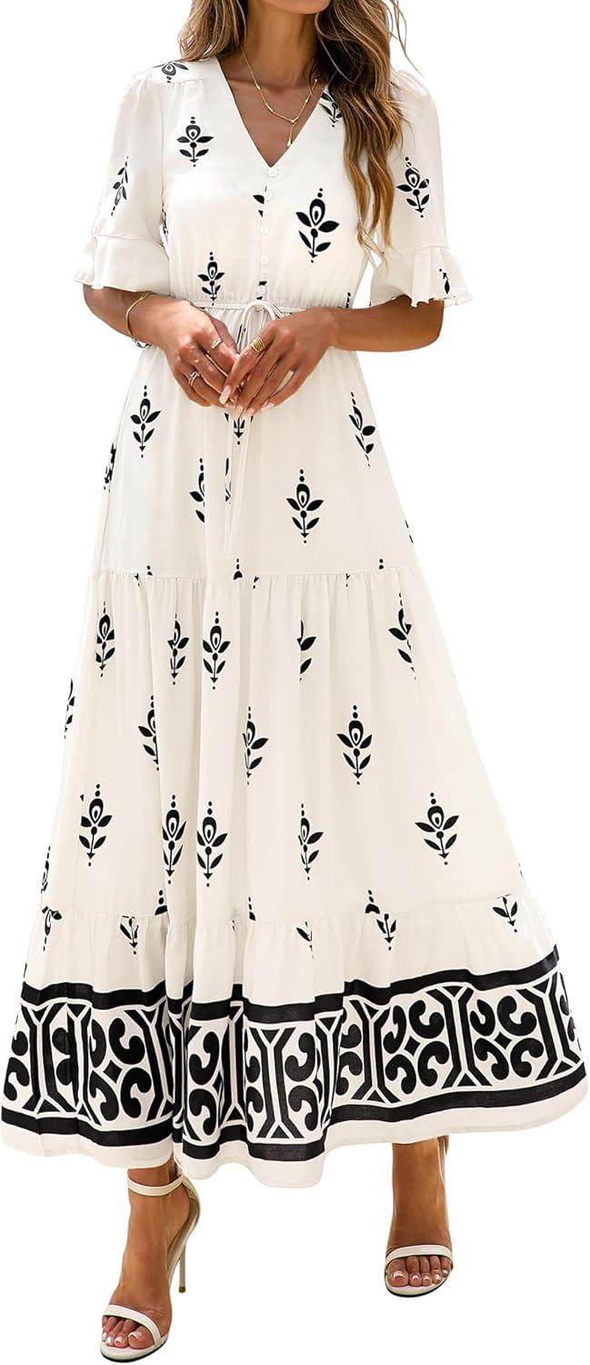 imageBTFBM Boho Dresses for Women 2026 Summer Spring Casual Floral Short Sleeve V Neck Flowy ALine Maxi Party Dress PocketsFloral Apricot Black