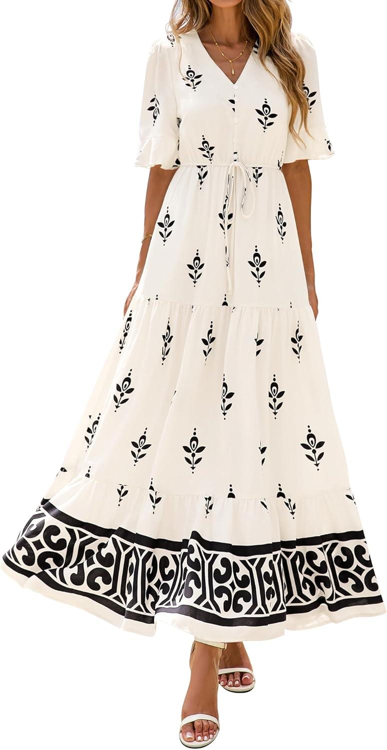imageBTFBM Boho Dresses for Women 2026 Summer Spring Casual Floral Short Sleeve V Neck Flowy ALine Maxi Party Dress PocketsFloral Apricot Black