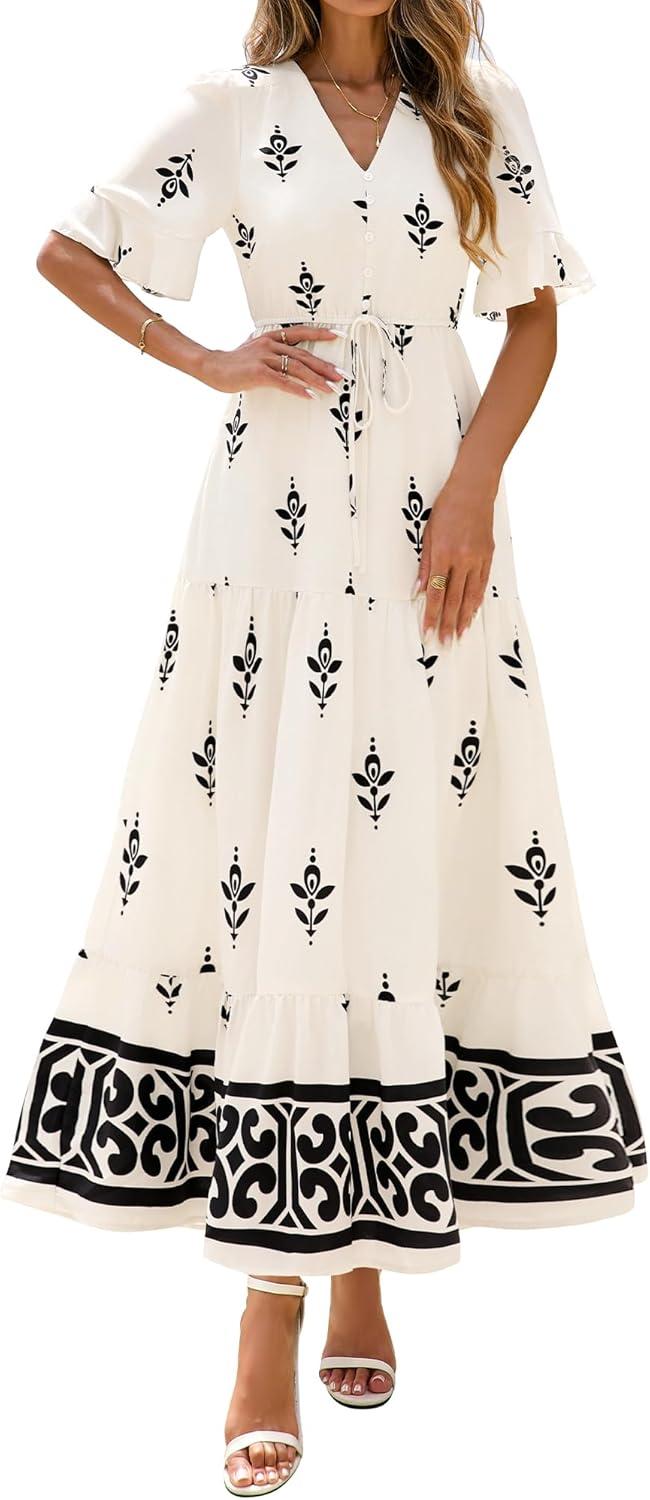 imageBTFBM Boho Dresses for Women 2026 Summer Spring Casual Floral Short Sleeve V Neck Flowy ALine Maxi Party Dress PocketsFloral Apricot Black