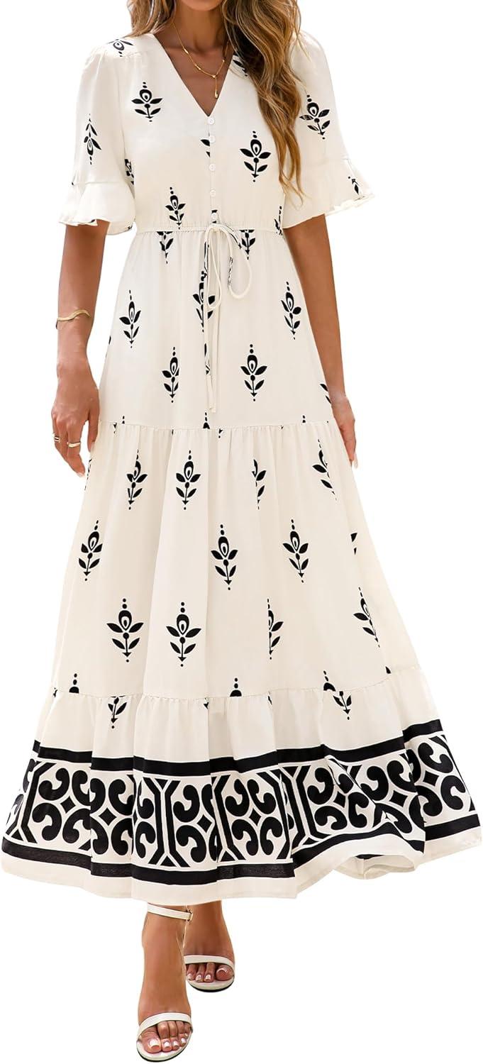 imageBTFBM Boho Dresses for Women 2026 Summer Spring Casual Floral Short Sleeve V Neck Flowy ALine Maxi Party Dress PocketsFloral Apricot Black