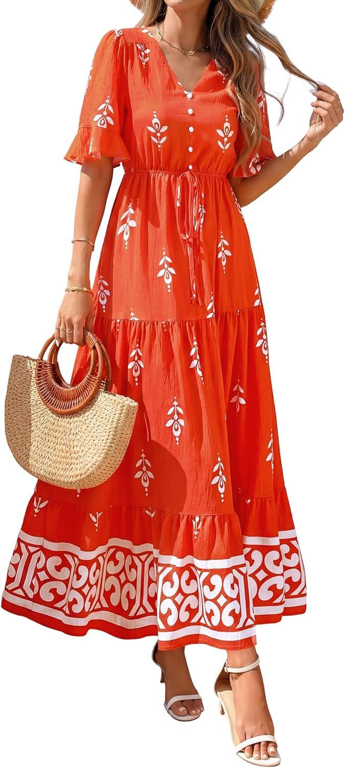 imageBTFBM Boho Dresses for Women 2026 Summer Spring Casual Floral Short Sleeve V Neck Flowy ALine Maxi Party Dress PocketsFloral Orange Red Apricot