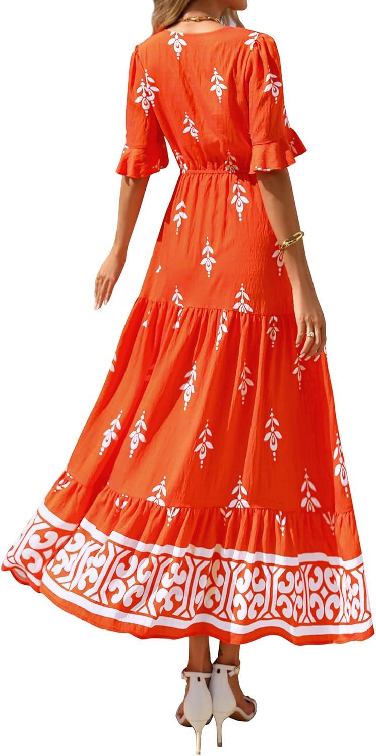 imageBTFBM Boho Dresses for Women 2026 Summer Spring Casual Floral Short Sleeve V Neck Flowy ALine Maxi Party Dress PocketsFloral Orange Red Apricot