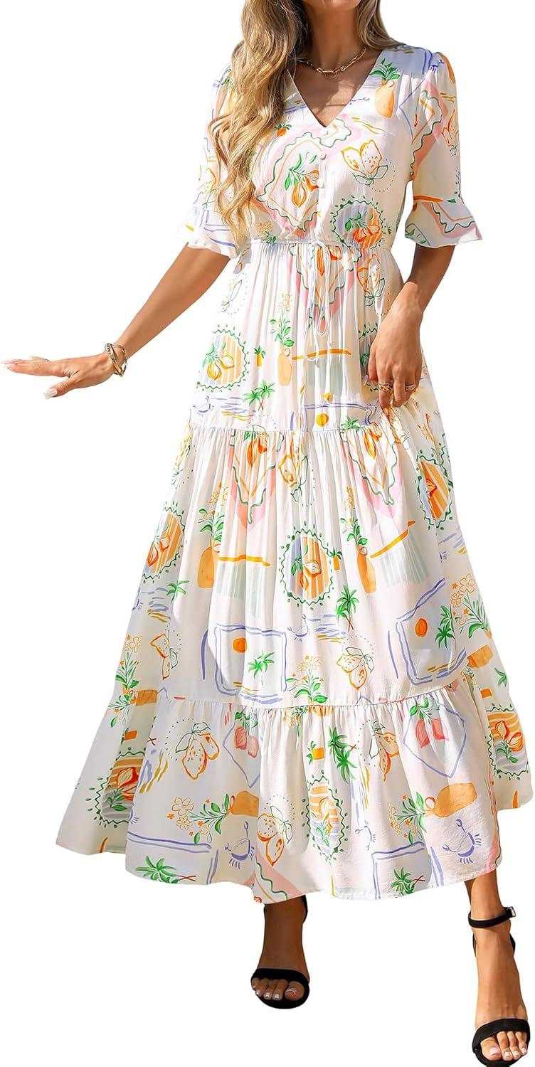 imageBTFBM Boho Dresses for Women 2026 Summer Spring Casual Floral Short Sleeve V Neck Flowy ALine Maxi Party Dress PocketsFloral White Multi